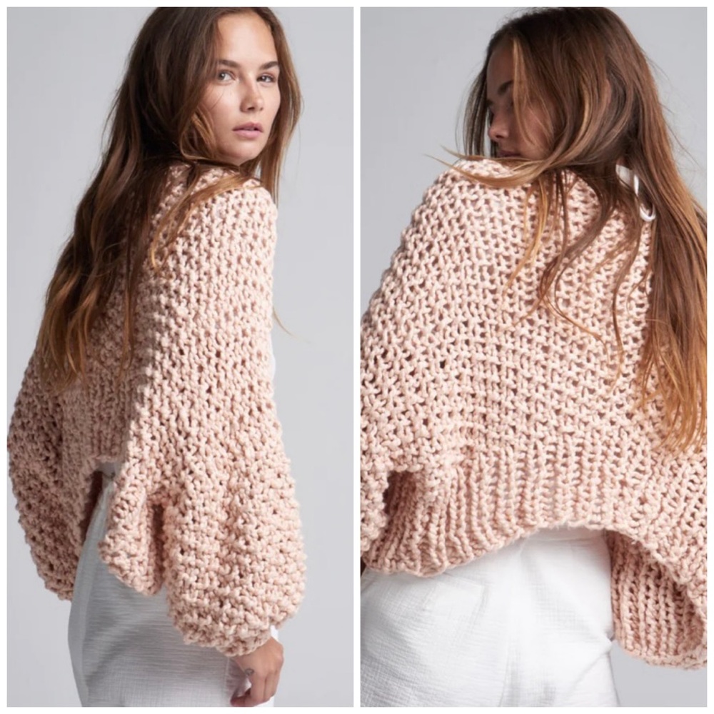 Free People Loopy Mango Pink Chunky Knit Cardigan Hand Knitted in The USA